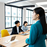Embracing New Perspectives**

A professional woman in a modest, tailored business suit, thoughtfully gazing at a diverse group of people engaging in conversation in a bright, modern co-working space. The scene includes elements symbolizing global communication and different cultures, but nothing explicitly related to South Korea. Fully clothed, appropriate attire, safe for work, perfect anatomy, natural proportions, professional photography, high quality, professional.

**