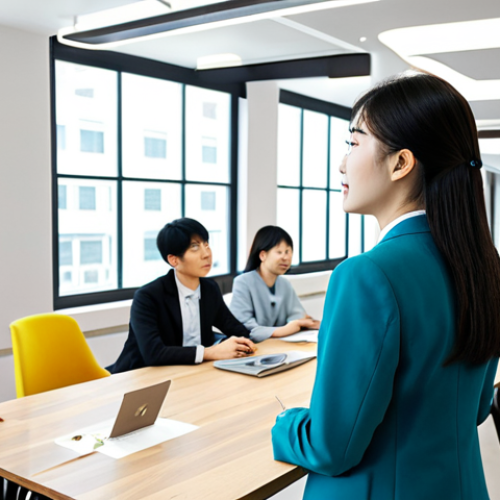 Embracing New Perspectives**

A professional woman in a modest, tailored business suit, thoughtfully gazing at a diverse group of people engaging in conversation in a bright, modern co-working space. The scene includes elements symbolizing global communication and different cultures, but nothing explicitly related to South Korea. Fully clothed, appropriate attire, safe for work, perfect anatomy, natural proportions, professional photography, high quality, professional.

**