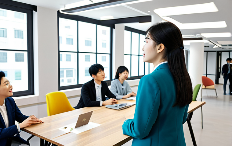 Embracing New Perspectives**
A professional woman in a modest, tailored business suit, thoughtfully gazing at a diverse group of people engaging in conversation in a bright, modern co-working space. The scene includes elements symbolizing global communication and different cultures, but nothing explicitly related to South Korea. Fully clothed, appropriate attire, safe for work, perfect anatomy, natural proportions, professional photography, high quality, professional.
**