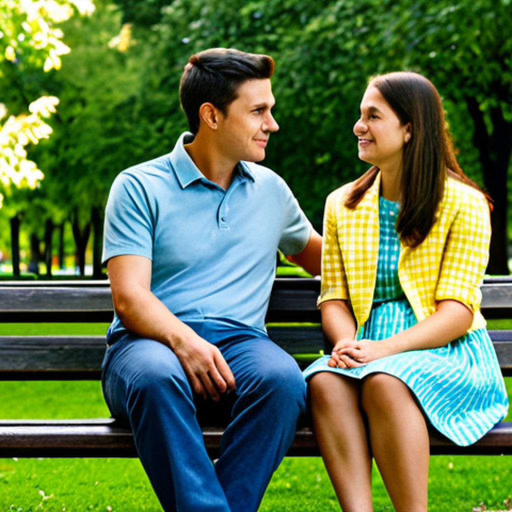 Empathetic Conversation**

A couple sitting on a park bench, facing each other, engaged in a heartfelt conversation, fully clothed in casual but appropriate attire, green trees and a sunny sky in the background, safe for work, appropriate content, perfect anatomy, natural proportions, modest setting, family-friendly.

**