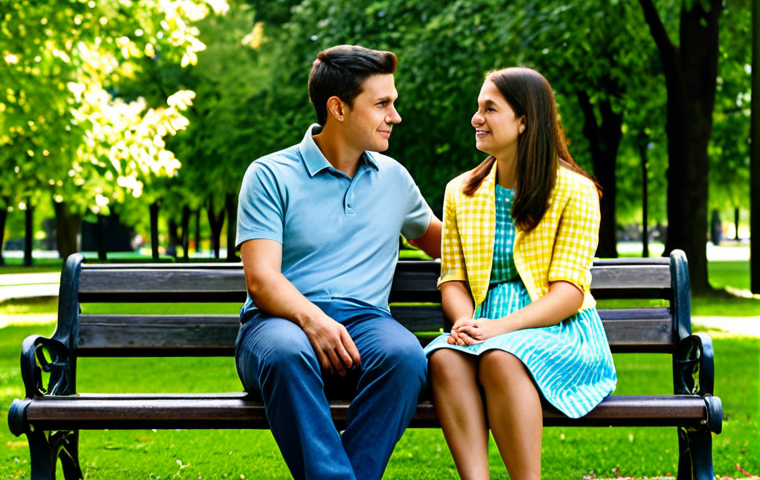 Empathetic Conversation**

A couple sitting on a park bench, facing each other, engaged in a heartfelt conversation, fully clothed in casual but appropriate attire, green trees and a sunny sky in the background, safe for work, appropriate content, perfect anatomy, natural proportions, modest setting, family-friendly.

**