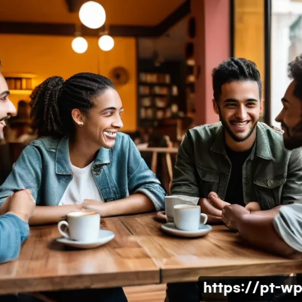 관점 전환 능력 향상을 위한 철학적 고찰 - A diverse group of young adults engaged in a lively philosophical discussion in a modern, cozy caf&eacute; ...