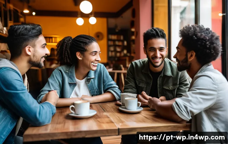 관점 전환 능력 향상을 위한 철학적 고찰 - A diverse group of young adults engaged in a lively philosophical discussion in a modern, cozy caf&eacute; ...