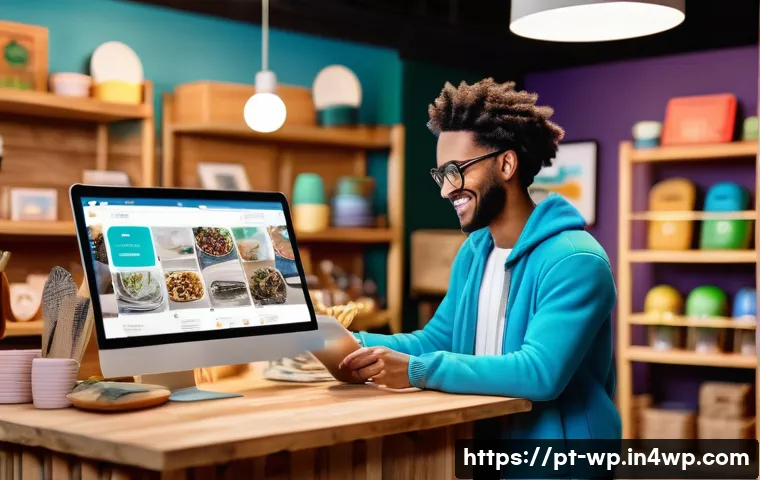 관점 전환을 통한 혁신 사례 분석 - A vibrant digital marketplace scene showcasing a small local business owner engaging warmly with div...