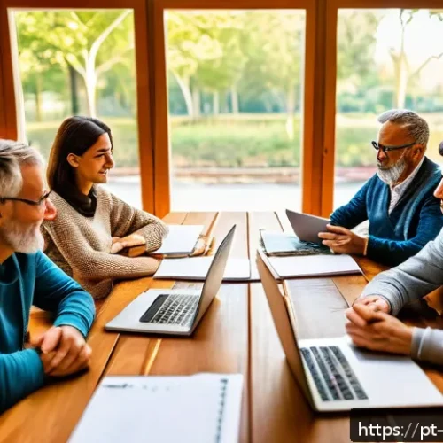 관점 전환 능력을 위한 실천 가능한 팁 - A diverse group of adults gathered around a large wooden table in a cozy, sunlit room, deeply engage...