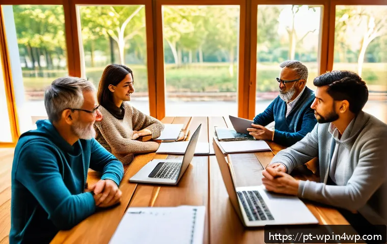 관점 전환 능력을 위한 실천 가능한 팁 - A diverse group of adults gathered around a large wooden table in a cozy, sunlit room, deeply engage...