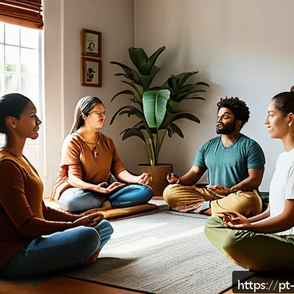 관점 전환 훈련을 통한 개인적 성장 - A serene indoor scene showing a diverse group of adults practicing mindfulness meditation together i...