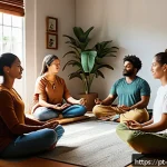 관점 전환 훈련을 통한 개인적 성장 - A serene indoor scene showing a diverse group of adults practicing mindfulness meditation together i...