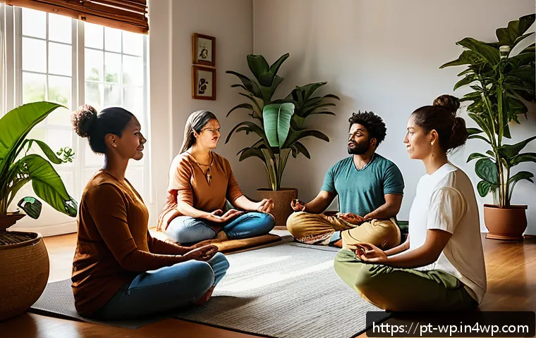 관점 전환 훈련을 통한 개인적 성장 - A serene indoor scene showing a diverse group of adults practicing mindfulness meditation together i...