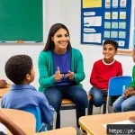 관점 전환 훈련을 위한 교육적 방법론 - A diverse classroom scene depicting students engaged in an empathy-building activity where they role...